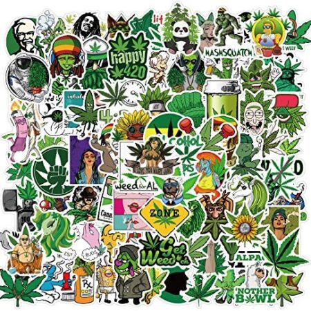 100PCS Stoner Weed Stickers, Vinyl Waterproof Green Marijuana Stickers Pack for Laptop, Water Bottles, Bumper, Phone, Leaves Decals Decoration for Adults