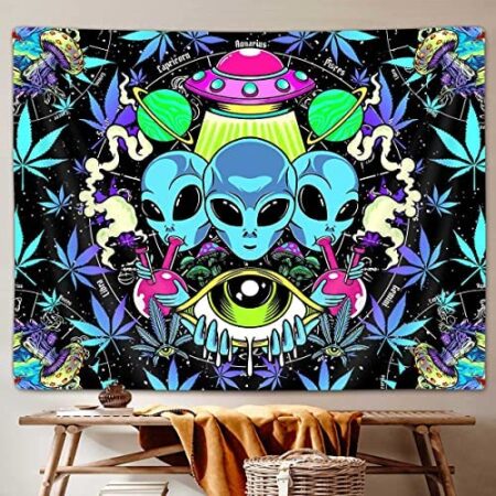 Cool Trippy Weed Tapestry, Funny Alien UFO Tie Dye Marijuana Leaf Tapestry Wall Hanging for Men Bedroom, Psychedelic Mushroom Cannabis Tapestries Poster Blanket College Dorm Home Decor (60X40)