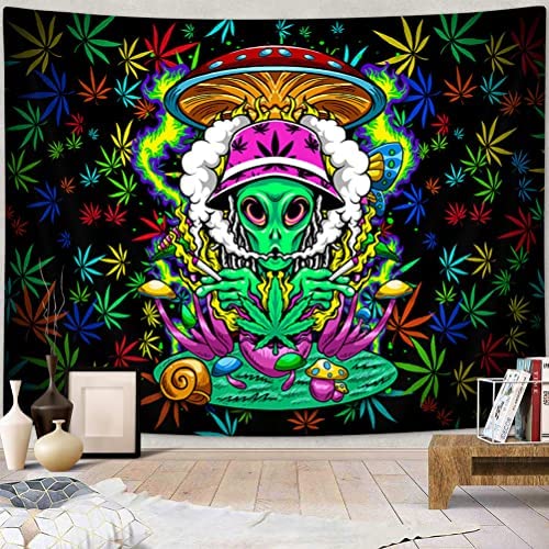 Weed Tapestry Trippy Cool Alien Stoner Tapestry for Men Psychedelic Mushroom Snail Tie Dye Tapestry for Bedroom Aesthetic Colorful Cannabis Marijuana Leaf for Living Room Dorm Wall Decor, 60X40in